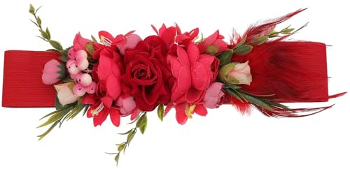 OUNONA Cinturón Elástico de Rafia Floral Rosas Rojas para Novia, Ligero y Decorativo, Adecuado para Vestido de Boda en Día Especial