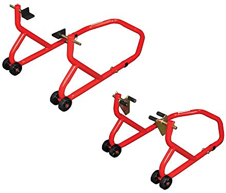 BikeTek Front & Rear Motorcycle Paddock Stand Set Series 3 Red Workshop Pit Track Service Stands