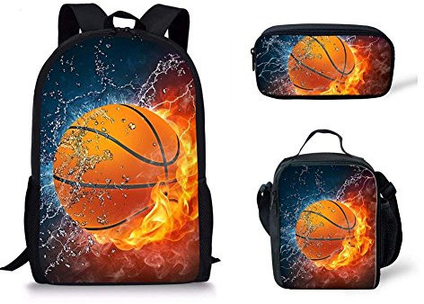 HUGS IDEA Studen Schulranzen Set Feuer Wasser Basketball Rucksack und Lunchbox Federmäppchen für Jugendliche Jungen