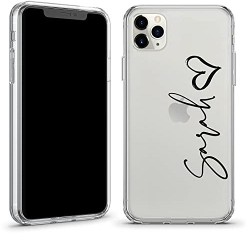 TULLUN Personalised Phone Case for iPhone 7/8 - Custom Name & Heart Crystal Clear Hybrid Shockproof TPU Bumper & Hard Back Plate Cover - Black Vertical Name&Heart