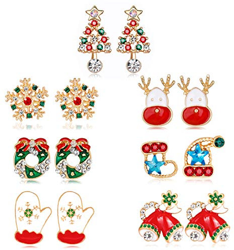HOWAF 7 Paar Weihnachten Ohrringe Ohrstecker Set für Mädchen Damen Frauen Weihnachten Schmuck Geschenk, Schneeflocke Rentier Weihnachten Baum Glocke Weihnachtsmann Hüte Kranz Handschuh Socken Ohrringe
