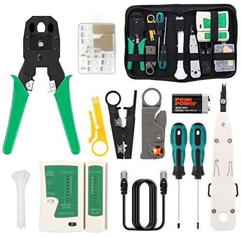BURNNOVE Kit de Herramientas de Reparación de Red 18 en 1, Crimpadora RJ45, Comprobador de Cable RJ11/RJ12/RJ45, Tester de Red Profesional con 17 Conectores y Cable de 2 m