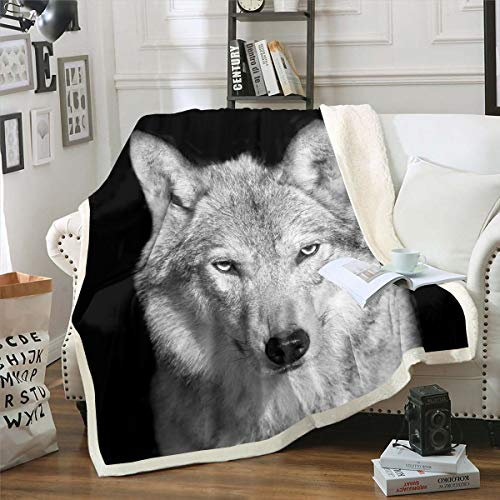 Homemissing 3D Wolf Wohndecke Weiß Wolf Safari Tiermuster Decke 220x240cm für Kinder Jungen Mädchen Wolf Kopf Kuscheldecke Cool Tierwelt Stil Dekor für Couch