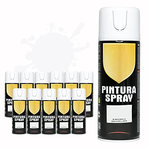 Pintura Spray 400ml para Metal/Madera/Plástico (Blanco Brillo, 400 ml (Paquete de 12)