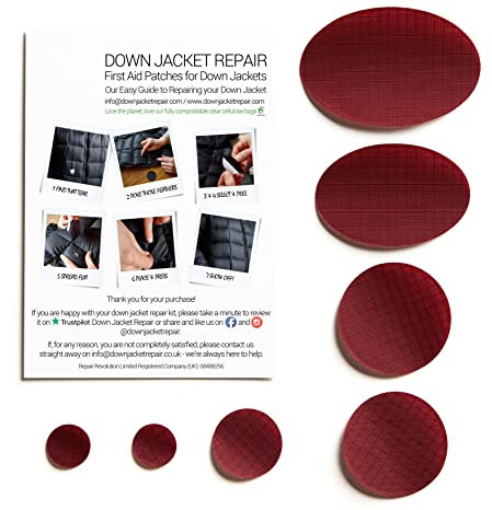 DJR Down Jacket Repair Patches: Easy to Use, Pre-Cut, Self-Adhesive, Waterproof Fabric, Tear-Resistant Rip-Stop Nylon Fabric Patches for Clothing, Down Jacket Patches, Outdoor Gear - BURGUNDY