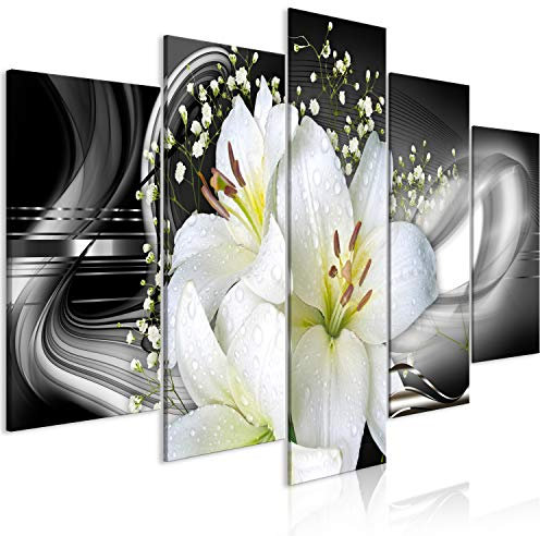 B&D XXL - Akustikbild Blumen Lilien Bilder Hochleistungsschallabsorber Schallschutz Vlies Leinwand Akustikdämmung 5 tlg Wandbild Raumakustik Schalldämmung Abstrakt b-A-0619-b-m