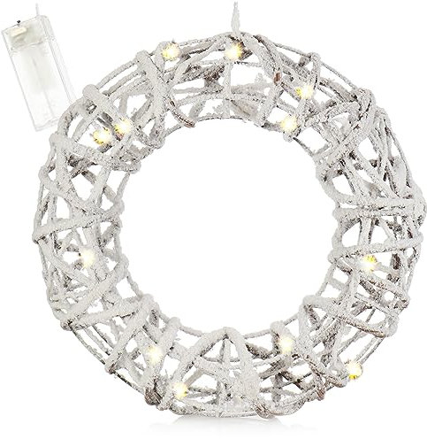 com-four® Künstlicher LED Weihnachtskranz beschneit, winterlicher Türkranz weiß mit Beleuchtung und Timer, Dekokranz mit 15 warmweißen LEDs (01 Stück - Weiß - Kranz 30cm)