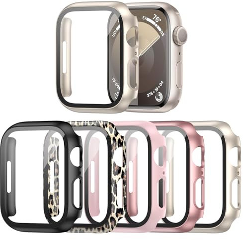 Haojavo 5-Stück Hard PC Schutzhülle für Apple Watch Series 9 (2023) Series 8 Series 7 45mm, iWatch Hülle Mit Glas Displayschutz, schutzfolie gehärtetem Glas für iWatch Zubehör
