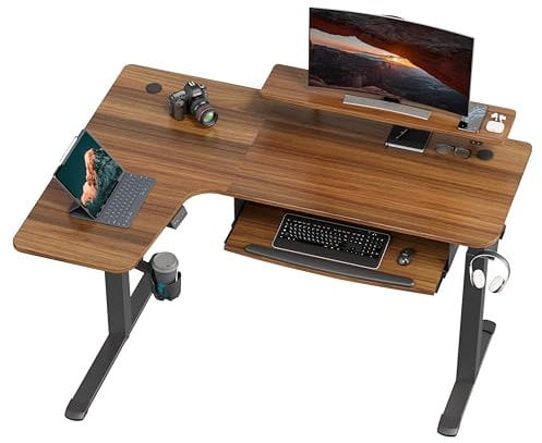 EUREKA ERGONOMIC Höhenverstellbarer Schreibtisch 155x110 cm Großer Eckschreibtisch Höhenverstellbar Schreibtisch Höhenverstellbar Elektrisch Gaming Tisch L Form mit Tastaturablage, LED Monitorständer