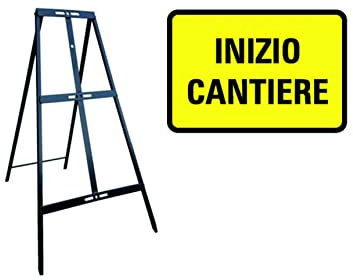 CARTELLO IN LAMIERA SCATOLATA RETTANGOLO 60X40 cm - INIZIO CANTIERE- SEGNALE CATARIFRAGENTE CON CAVALLETTO (CARTELLO + CAVALLETO)