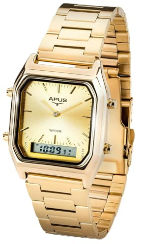 APUS Kappa Unisex Armbanduhr Quarz Analog & Digital – Edelstahlgehäuse Gold quadratisch – Edelstahlarmband Gold – Kalender, Tag & Monat – 38 mm Durchmesser – 3 bar wasserdicht
