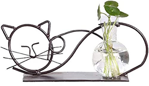 BOLYUM Glas-Pflanzgefäßvase mit Eisenkunst-Halter, kreativer Metall-Katzen-Schreibtischhalter, Hydrokultur-Pflanzen, Desktop-Glas-Pflanzgefäß, Blumenzwiebel, Vase, Hausgarten, Hochzeitsdekoration