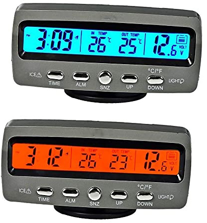 Riloer Auto Digital Thermometer Voltmeter Uhr Monitor, Multifunktionaler Auto-LCD-Digitaluhr-Thermometer, Orange + Blau