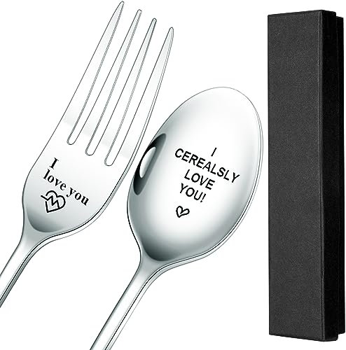 2-teiliges Set mit Gravur I Love You, Löffel und Gabel, Valentinstag, Geschenke für Freund, Freundin, Paare, I Forking Love You, lustige Gabel, I Cerealsly Love You, Müsli-Löffel in Geschenkbox