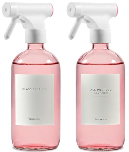 MaisoNovo Hair Spray Bottle Set of 2 - Pink 500ml Glass Spray Bottle and Refillable Empty Spray Bottles - with 16 Labels