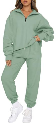 Aleumdr Zweiteiler Damen Lang Trainingsanzug Damen Jogginganzug Set Sweatshirt mit Reißverschluss und Hose Elegant Freizeitanzug Damen Zweiteiler Set Sport Hosenanzug,Grün XXL