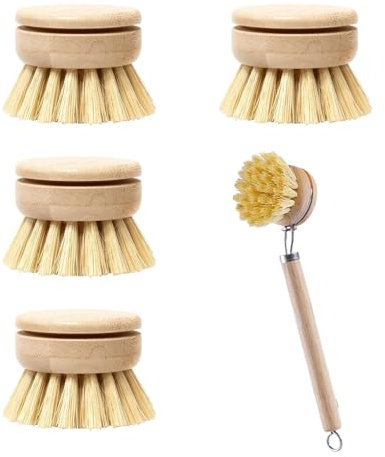 4Pcs Wooden Washing Up Brush, Dish Brushes for Washing Up, Bamboo Natural Scrub Brush, Eco Replacement Brushes, Interchangeable Soft Bristle Refills(Handle Not Included)