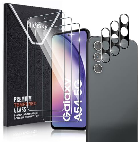Didisky Verre Trempé pour Samsung Galaxy A54 5G, Contenir Lot de 3 Film Protection écran et Lot de 3 Caméra Arrière Protecteur, Anti Rayures, Dureté 9H, Pas de Bulles, Haute définition