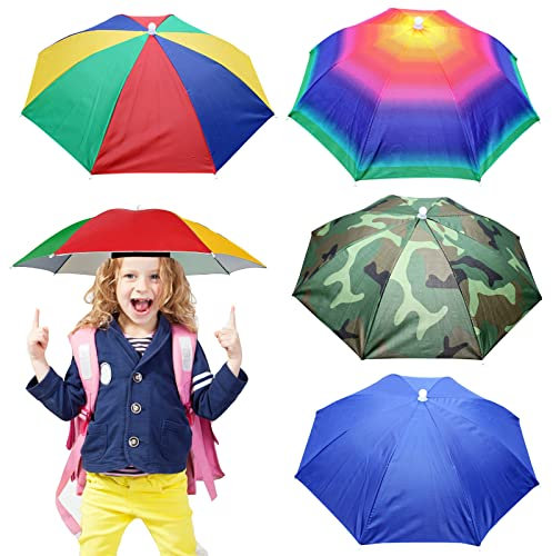 MUFEKUM 4 Stück Regenschirm Hut, 52cm Regenschirmhüte für Kinder, 360° Gegen UV Kopf Regenschirm, Wasserdicht Schirmhut mit Kopfband für Outdoor-Party, Angeln, Sonne, Strand, Golf, Wandern