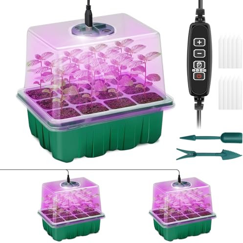 Qoolife Bandeja de inicio de semillas con luz para plantas, paquete de 2 luces de cultivo para kit de inicio de semillas con cúpulas de humedad, controlador de temporización, brillo ajustable para