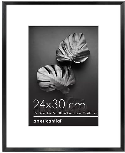 Americanflat Cadre Photo Aluminium 24x30 cm Noir - Cadre A5 avec Passe-Partout ou 24x30 cm sans Passe-Partout - Verre Antichoc, Chevalet & Matériel de Suspension Intégré pour Mur et Surface Plane
