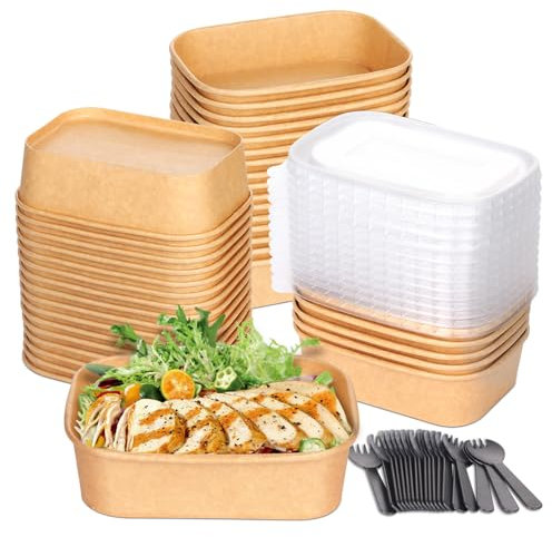 Lot de 25 saladiers jetables en papier kraft avec couvercles pour nouilles, poke, salade, soupe, collation, barbecue - 500 ml