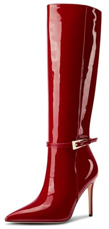 Aachcol Donna Altezza Ginocchio Stivali a Punta Spillo Alto High Tacco Heel Alto Stivali Fibbia Sexy Stivali lunghi Inverno Stivali Rosso Vino 44 EU