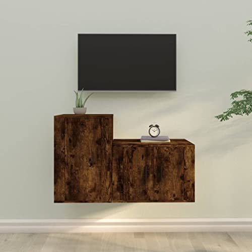 OHOOWOO Set Mobili Porta TV 2 pz Rovere Fumo in Legno Multistrato,Mobile TV sospeso in legno rovere fumo con ripiani e libreria