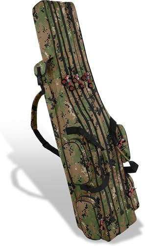 XXL Angel Tasche Futteral 190cm oder 210cm Rutentasche Anglerrucksack - 8 Taschen für 6 Ruten und Kescher Farbe Digital Woodland Größe 190 cm