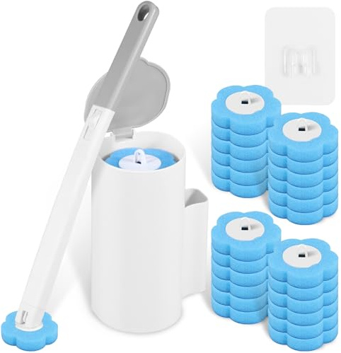 Einweg Toilettenbürste Wandbehang Klobürste mit 24 Toilettenbürste Schwamm mit 3 Düfte Disposable Toilet Brush Set zum Reinigen von Toiletten Badewannen (Reinigungsbürste+24 Ersatzköpfe)
