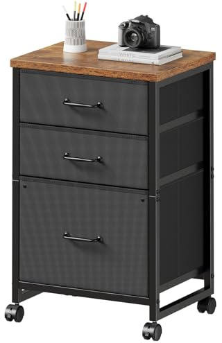 Maihail 3 Drawer Mobile File Cabinet with Wheels Fabric Vertical Filing Cabinet fits A4 or Letter Size for Home Office,Rustic Brown