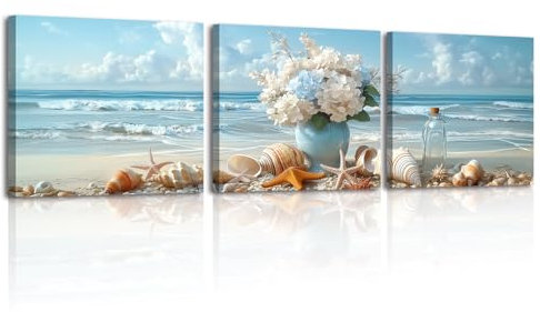 Piy Painting Meer Landschaft Leinwand Wandkunst, Natürliche Kunstdruck, Muscheln Gemälde Auf Leinwand, Leicht Zu Hängen Für Wohnzimmer Eingang Flur Café, 3 Paneele 30x30 cm (90x30 cm)