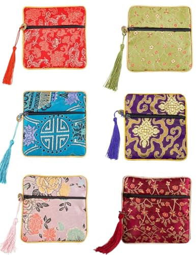 TPZORJX 6pcs Schmuckbeutel aus Seidenbrokat mit Reißverschluss, 11,5 x 11,5 cm, Geschenkbeutel für Damen, Münzen, Reisen, Schmuckrollen, Hochzeit, Geburtstag, Party, Gastgeschenke