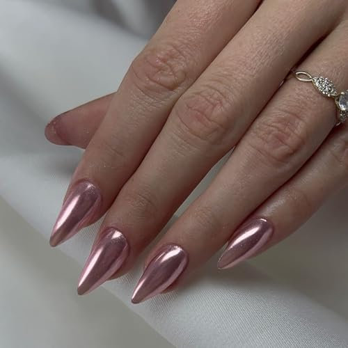 KQueenest Chrome Baby Pink Press on Nails Almond Medium Glitter Metallic False Nails Medium, Luxury Design Acrylic Fake Nails Set with Bling Mirror Effect Stick on Nail for Women 24 Pcs