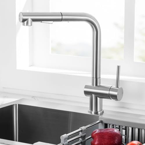 CECIPA Rubinetto Lavello Cucina Estraibile con Doccetta, Miscelatore Girevole a 360°, Acciaio Inox Spazzolato, Adatto per Lavelli Singoli o Doppi