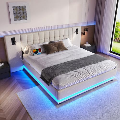 WIZBED Bett Komplett Set-Polsterbett 180x200 mit Stauraum&LED&USB, Hydraulische Doppelbett Stauraumbett Bettgestell mit Lattenrost,ohne Matratze, Leinen, beige