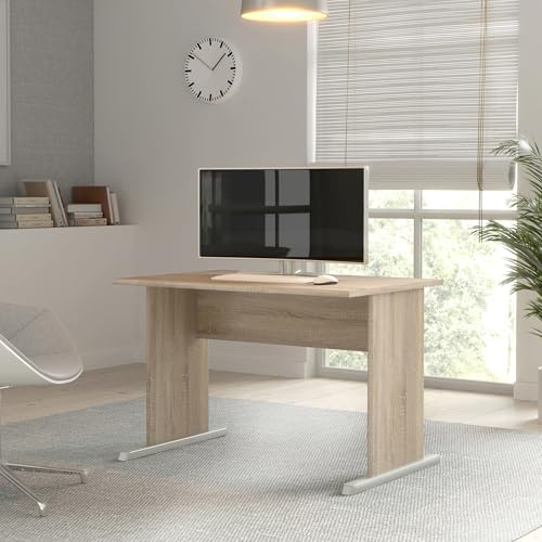 Forte TEMPRA 2 Schreibtisch 100 110, moderner Schreibtisch mit Kufenfüßen, Büro, Holzwerkstoff, Sonoma Eiche Holzdekor, 108 cm breit x 72 cm hoch x 72 cm tief