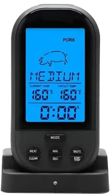 Aumotop Drahtlose Fleischthermometer-Fernsonde für Grilltemperaturmesser, Küchengeräte, LCD-Display, Voreingestellte Kochtemperatur, für Rind, Huhn (Schwarz)