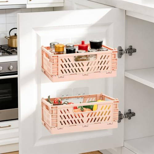 Zouwel Cupboard Storage Organiser, 2Pack Kitchen Cabinet Door Organisers Boxes, Self-Adhesive Foldable Storage & Organisation for Cupboard, Bathroom, Fridge, Kitchen Accessoriess(Pink)