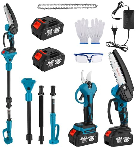 4 en 1 Podadora de Pértiga Inalámbrica, 6'' Motosierra Eléctrica sin Cable, Tijeras de Podar Eléctricas con Pértiga Ajustable de 1,32 a 2,3 m, con 2 Baterías y Cargador para Poda y Jardinería