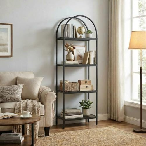 JOLLYTOP Bücherregal, 4-stöckiges Regal, Ausstellungsregal aus Metall&Holz | Industrieregal, Standregal, für Schlafzimmer, Wohnzimmer, Homeoffice, Gold und Weiß