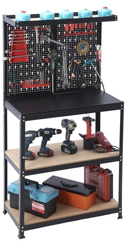 Relaxdays Werkbank, HBT: 155x80,5x41 cm, 3 Ebenen, mit Lochwand, Ablage & Zubehör, Stahl & MDF, Werkstattregal, schwarz