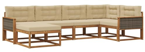 vidaXL Outdoor-Sofagarnitur mit Kissen 6 pcs Natur und Beige, Patio-Sofa, Moderne Outdoor-Sitzgruppe, langlebige Gartenmöbel, wetterfest für die Lounge im Garten