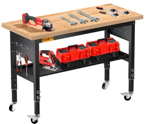 Schwerlast-Werkbank 120 cm, 900 kg Belastbar, 5-Stufig Höhenverstellbar, Gummiholz-Tischplatte, Lochplatte mit Haken, Doppelstöckig mit Rollen für Garage, Werkstatt & Büro