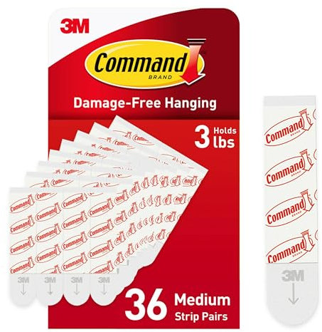 Command Medium Refill Adhesive Strips, Damage Free Hanging Wall Adhesive Strips for Medium Indoor Wall Hooks, No Tools Removable Adhesive Strips for Christmas Hooks, 36 White Strips