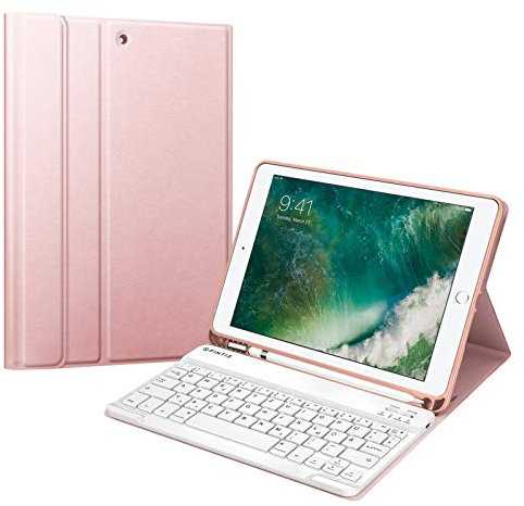 FINTIE Tastatur Hülle für iPad 9.7 2018 (6. Generation), Soft TPU Rückseite Gehäuse Keyboard Case mit eingebautem Pencil Halter, magnetisch Abnehmbarer QWERTZ Bluetooth Tastatur, Roségold