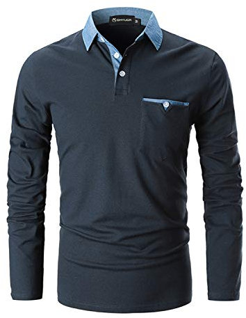 GHYUGR Men's Long Sleeve Polos Casual Tops Denim Splice Golf T-Shirt Poloshirts,Navy,M