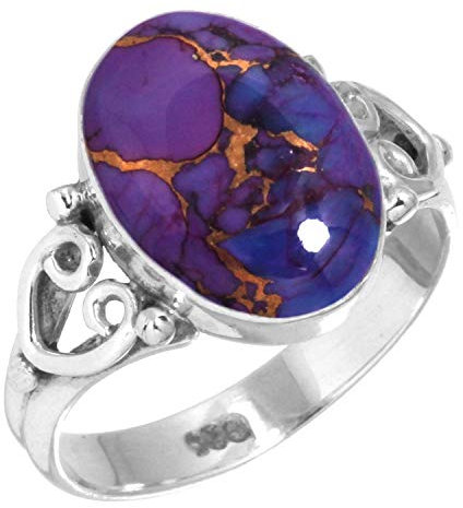 Jeweloporium Bague en argent sterling 925 avec turquoise violette et cuivre, taille 54, bijou fait main en pierres précieuses ovales.