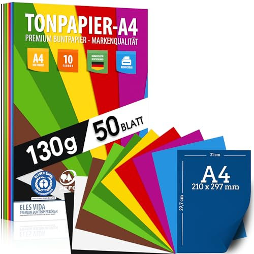 50 Blatt Tonpapier DIN A4 – 130g - PREMIUM - 10 Farben – Papier zum Basteln und Drucken - Bedruckbares Bastelpapier Set für Kinder & DIY Bögen, BLAUER ENGEL zertifiziert - MADE IN GERMANY