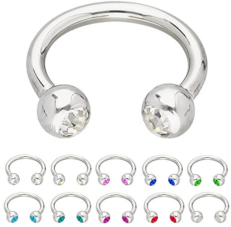 Treuheld® | Silbernes HUFEISEN Piercing Ring mit Kristallen - [01.] 1.2 x 6 mm (Kugeln: 2.5mm) - klar/durchsichtig